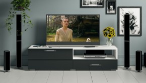 Тумба под ТВ Ларго 1,4, цвет корпус белый/фасады МДФ чёрный глянец, ШхГхВ 140х46х35 см., НЕ универсальная сборка в Александровском - alexsandrovskoe.mebel24.online | фото 12